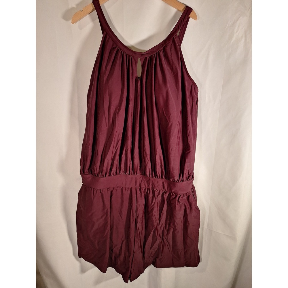 BloomChic Plum Purple Keyhole Ruched Swim Romper Pockets Plus Size 22-24 NEW